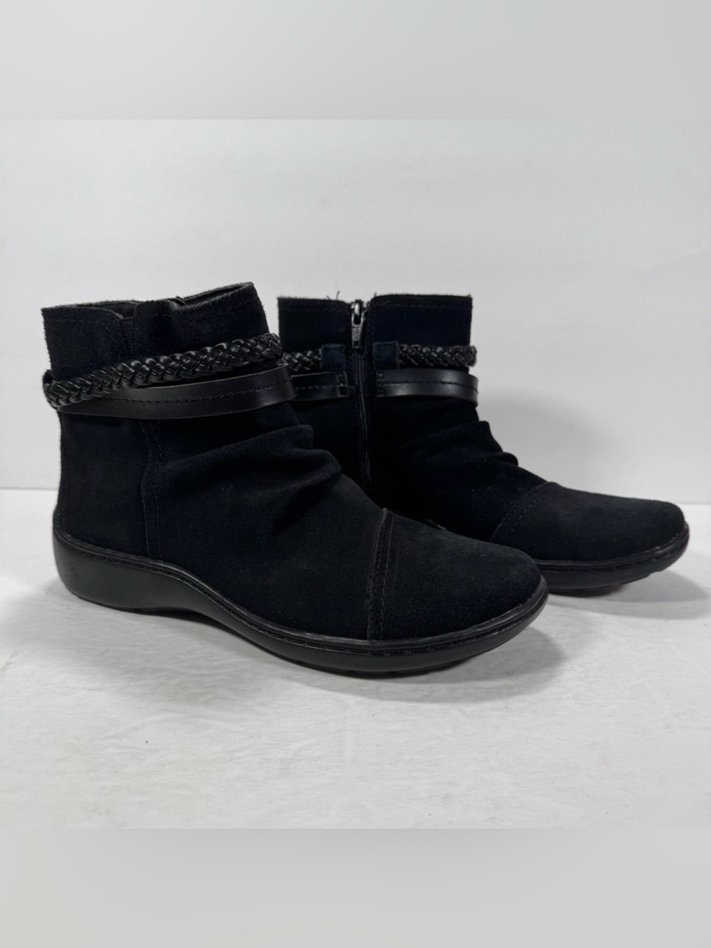 Clarks Collection Black Suede Leather Cora Braid Ankle Boots Women Size 6.5M